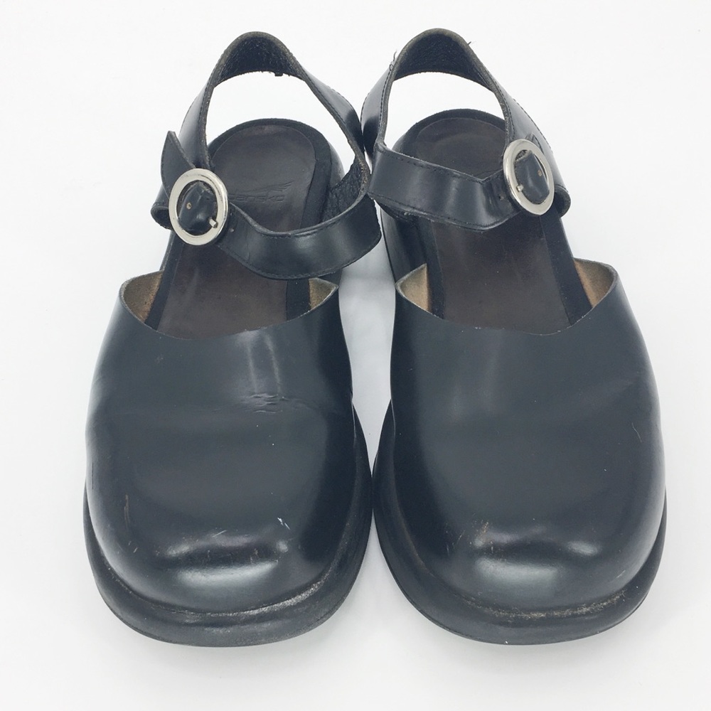 Dansko Black Mary Jane Open Back Buckle Clogs